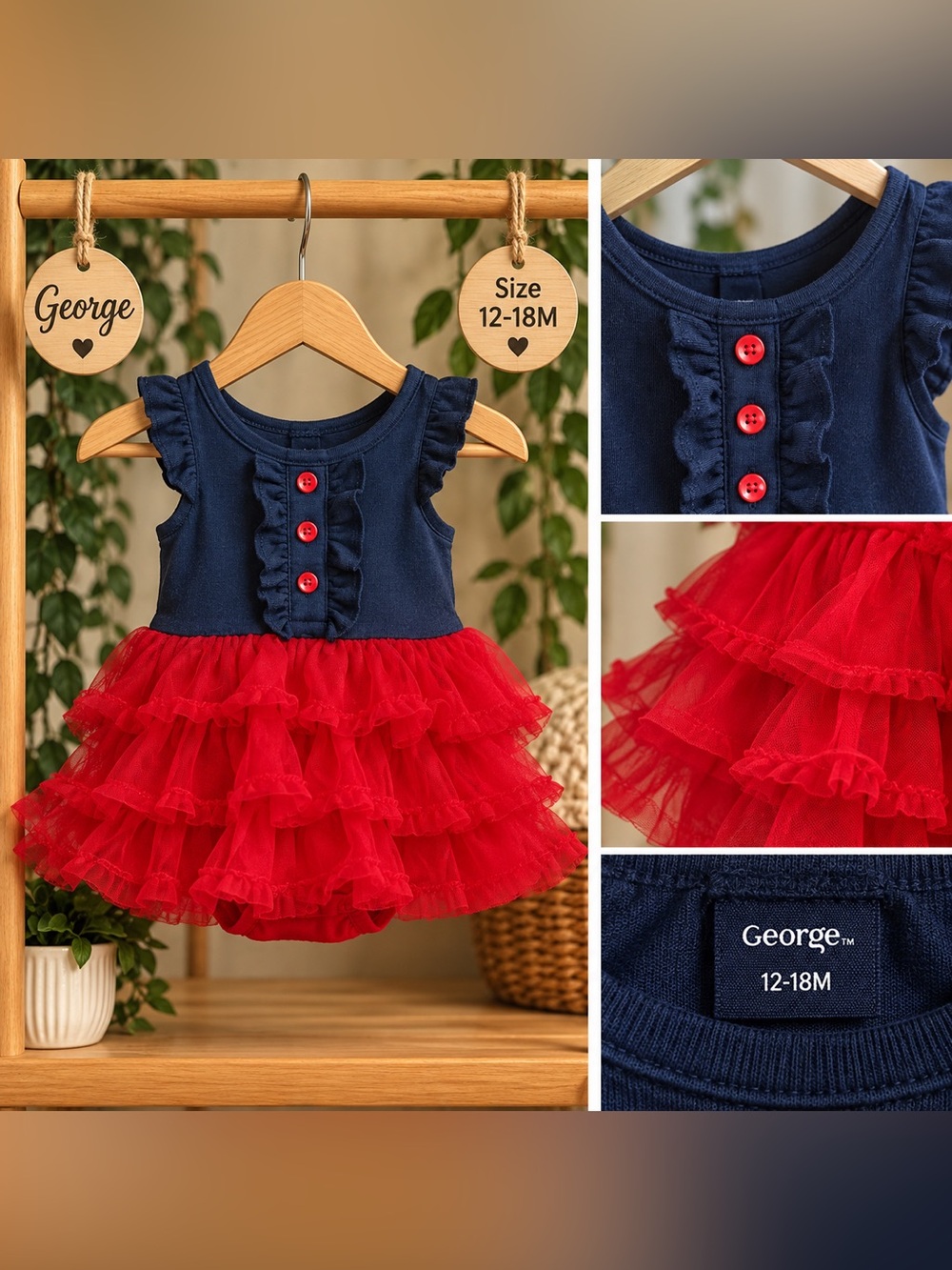 George Baby Navy & Red Ruffle Tulle Dress 12–18M